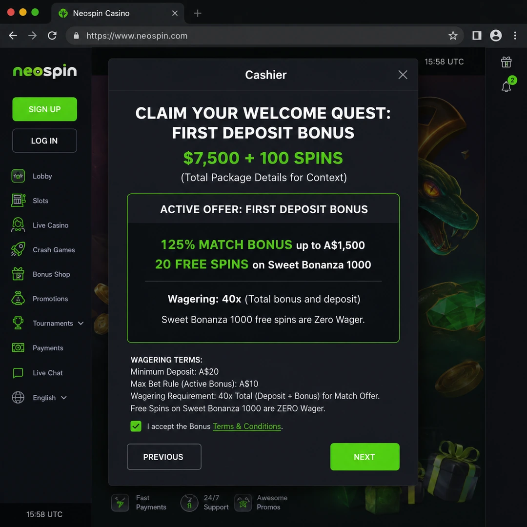 Neospin cashier showing first-deposit 125% match up to A$1,500 with 20 zero-wager free spins on Dragon Pearls and 40x wagering terms.