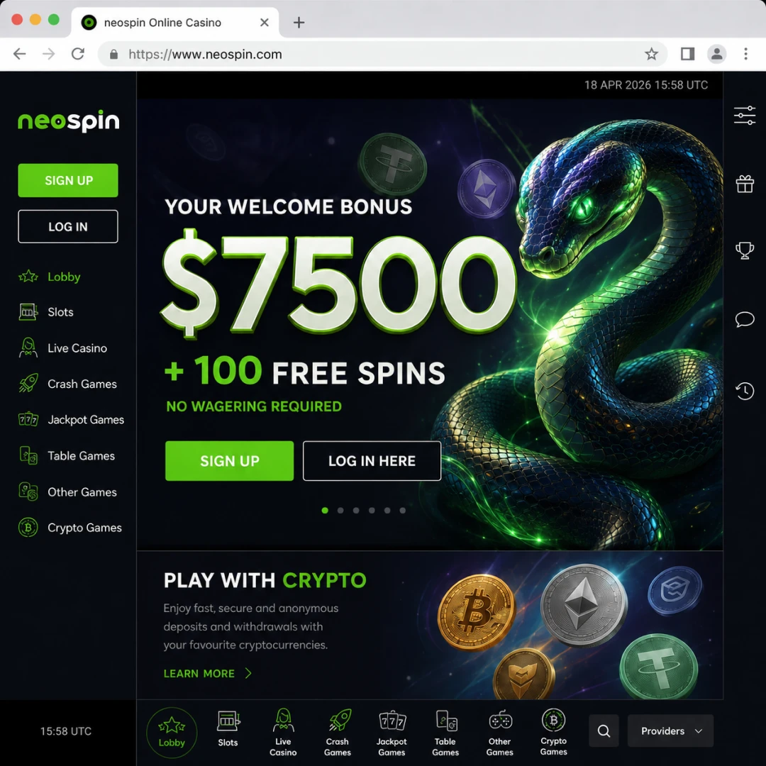 Neospin Casino homepage open in Chrome on 19 June 2026, showing the five-deposit welcome banner and main navigation.