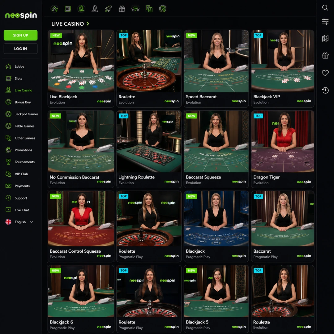 Neospin live casino lobby showing blackjack, roulette, baccarat and Tiger Bonus Baccarat tables from multiple studio providers.
