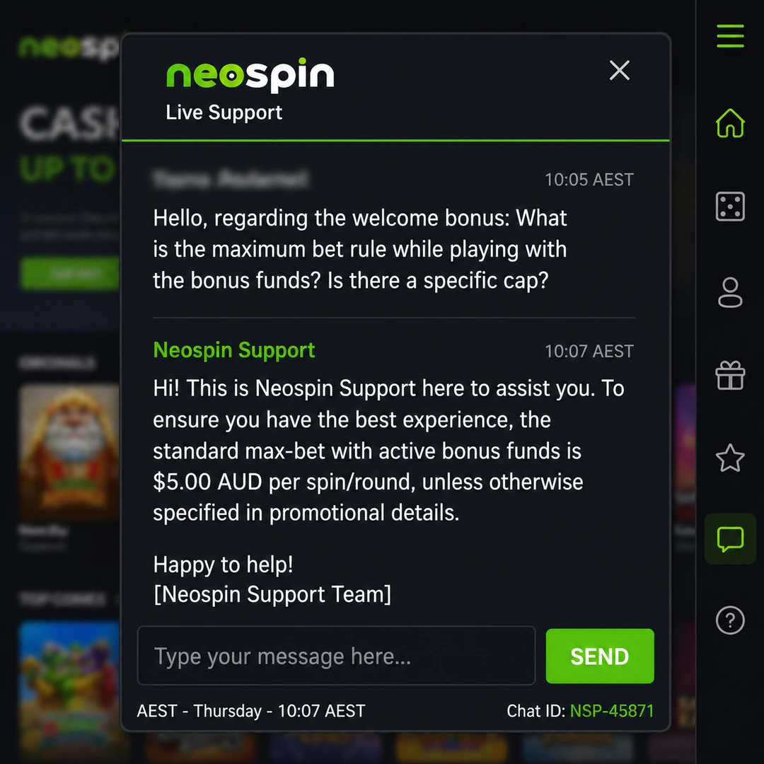 Neospin live-chat window at 22:07 AEST: bonus max-bet query sent 22:05, agent reply 22:07, player name redacted.