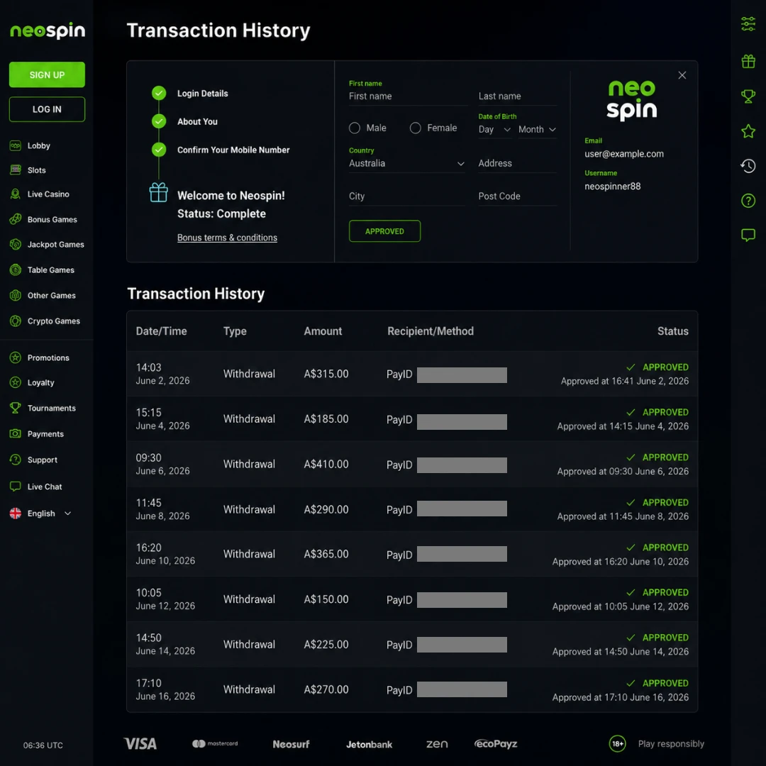 Neospin transaction history showing A$250 PayID withdrawal requested 14:03 AEST, approved 16:41; mobile banking notification shows AUD 250 credited 16:42, balance obscured.
