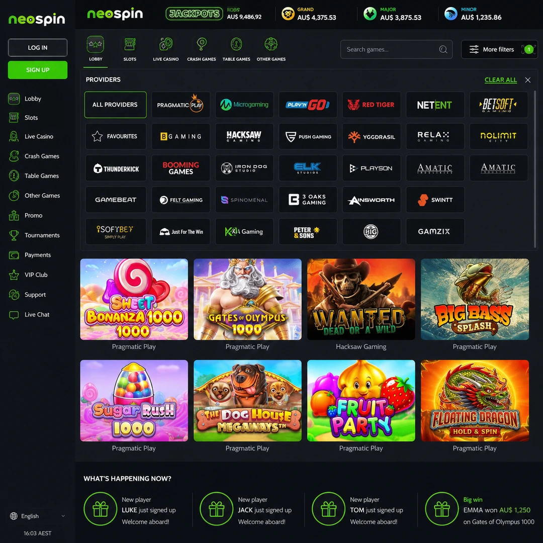 Neospin pokies lobby showing the provider filter expanded with multiple studio logos visible.