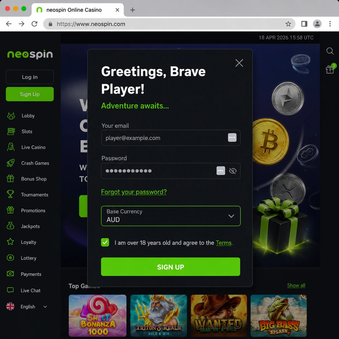 Neospin casino sign-up form with AUD as base currency and the 18+ age confirmation checkbox; personal data fields redacted.